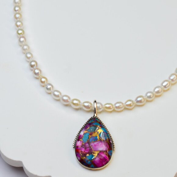 Spiny Oyster Pendant & Pearl Necklace 17-19" Sterling Silver - Picture 2 of 6